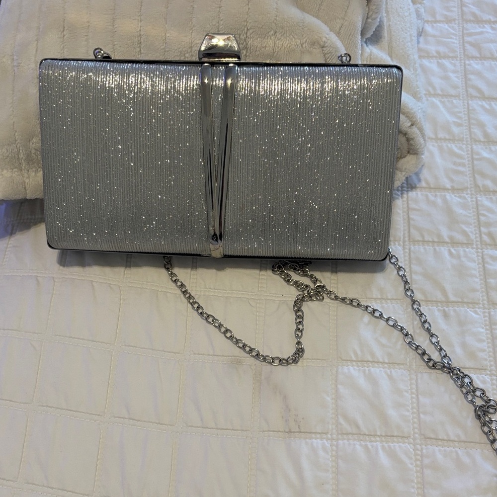 Silver Glitter Evening Clutch with Chain Strap